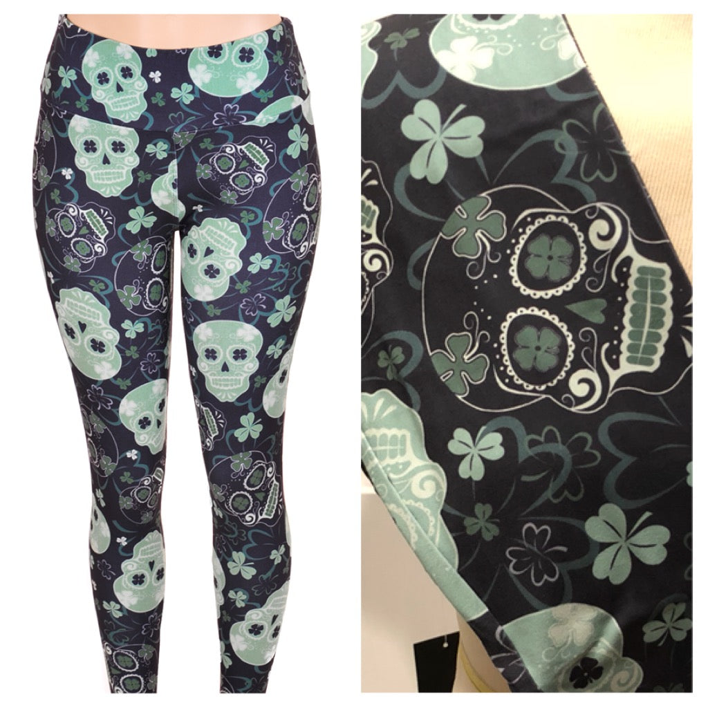St Patricks Day -Shamrock Skull Leggings - Smarty Pants Boutique NH